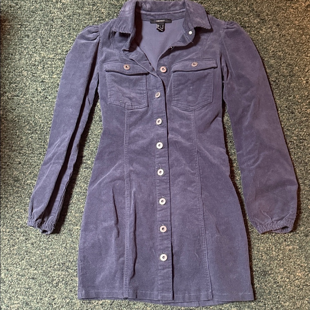 Blue Corduroy Button-Up Dress